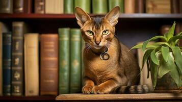 a abissínio gato empoleirado em uma estante de livros entre velho livros, olhando gostar uma sensato guardião do literatura. generativo ai foto