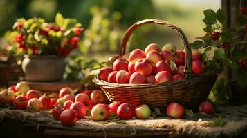 maduro vermelho maçãs dentro uma cesta em uma de madeira mesa dentro a jardim. ai generativo foto