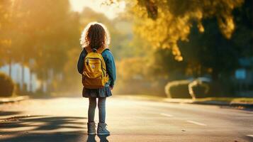 criança com uma mochila, avidamente aguardando a escola ônibus, uma misturar do nervos e excitação. generativo ai foto