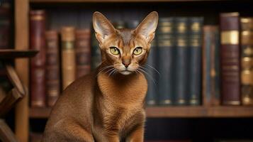 a abissínio gato empoleirado em uma estante de livros entre velho livros, olhando gostar uma sensato guardião do literatura. generativo ai foto