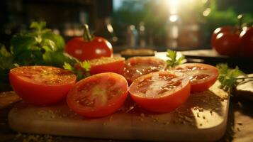 fatiado tomates em uma de madeira corte borda foto