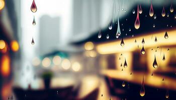 chuva solta em janela vidro do café fazer compras e embaçado cidade vida fundo foto