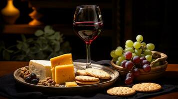 queijo prato com uvas, biscoitos e vinho em Sombrio fundo foto