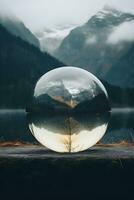 cristal bola com reflexão do montanhas e floresta dentro lago foto