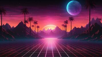 generativo ai, anos 80 retro futurista ficção científica., nostálgico anos 90. noite e pôr do sol néon cores, cyberpunk vintage ilustração. sol, montanhas e Palmeiras. retrowave vj videogame paisagem.. foto