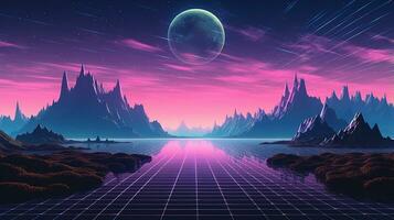 generativo ai, anos 80 retro futurista ficção científica., nostálgico anos 90. noite e pôr do sol néon cores, cyberpunk vintage ilustração. sol, montanhas e Palmeiras. retrowave vj videogame paisagem.. foto