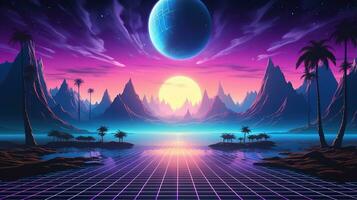 generativo ai, anos 80 retro futurista ficção científica., nostálgico anos 90. noite e pôr do sol néon cores, cyberpunk vintage ilustração. sol, montanhas e Palmeiras. retrowave vj videogame paisagem.. foto