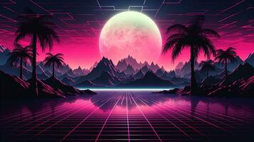 generativo ai, anos 80 retro futurista ficção científica., nostálgico anos 90. noite e pôr do sol néon cores, cyberpunk vintage ilustração. sol, montanhas e Palmeiras. retrowave vj videogame paisagem.. foto