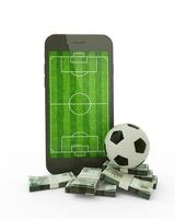 3d Renderização do uma Móvel telefone com futebol campo em tela, futebol bola e pilhas do brasileiro rial notas isolado em branco fundo. foto