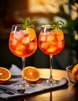 foto do alguns aperol spritz beber elegantemente banhado em uma mesa. generativo ai