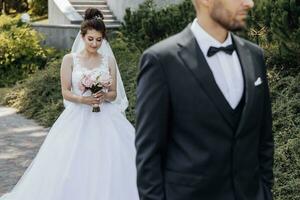 feliz noiva e noivo depois de Casamento cerimônia. à moda noivo. adulto noivo. a noiva dentro a primeiro plano foto