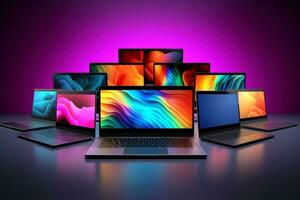 brincar do lindo computador portátil com multicolorido fundo, generativo ai ilustração foto