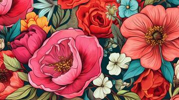 generativo ai, floral colorida padrão, natural plantas e flores fundo, psicodélico ilustração. folhagem enfeite foto