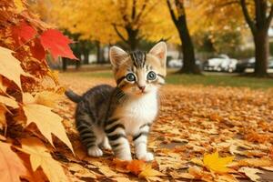 a curioso gatinho olhares, outono fundo. ai generativo pró foto