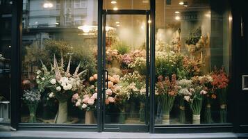 generativo ai, rua floral fazer compras com colorida flores, estético silenciado cores foto