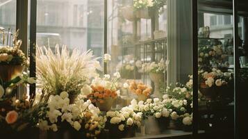 generativo ai, rua floral fazer compras com colorida flores, estético silenciado cores foto