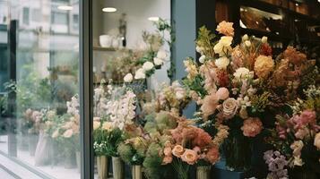 generativo ai, rua floral fazer compras com colorida flores, estético silenciado cores foto