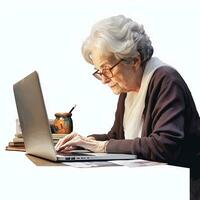 fotorrealista imagem do a idosos mulher trabalhando às uma computador portátil. tecnologia, Treinamento para Mais velho pessoas. ai gerado foto