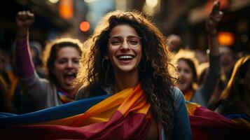 colombiano mulher e pessoas orgulhosamente segurando seus nacional bandeira - a comemorar herança e unidade, ai generativo foto