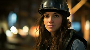 moderno mulher profissional engenheiro com grandes Preto cabelo, vestindo uma segurança capacete, dentro a construção local Como uma fundo, ai generativo foto