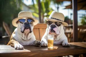 dois engraçado cachorros vestindo Sol chapéus relaxar com uma frio vidro do Cerveja em uma tropical praia, generativo uma foto