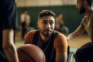 Desativado basquetebol equipe durante jogo. diversidade e inclusão conceito. generativo ai foto