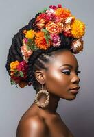 afro Penteado com tranças e flor decoração para elegante Preto garota, generativo ai foto