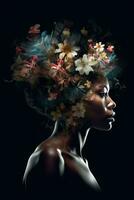 retrato do jovem sensual africano americano mulher com flores cabelo, Duplo exposição. generativo ai foto