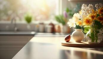 esvaziar cozinha contador bancada para produtos mostrar. branco flores vaso. generativo uma foto