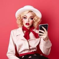 Barbie estilo jovem mulher influenciador com Smartphone, generativo ai foto