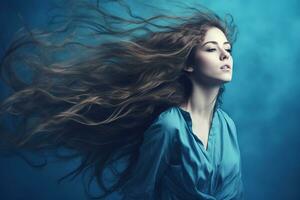 retrato do jovem sensual mulher com vento dentro grandes cabelo em azul estúdio fundo, generativo ai foto