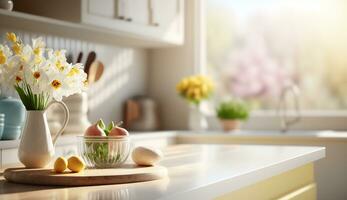 esvaziar cozinha contador bancada para produtos mostrar. branco flores vaso. generativo uma foto