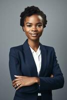 africano americano o negócio mulher sorridente às Câmera, generativo ai foto
