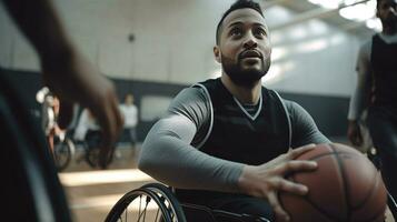 Desativado basquetebol equipe durante jogo. diversidade e inclusão conceito. generativo ai foto