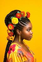 afro Penteado com tranças e flor decoração para elegante Preto garota, generativo ai foto