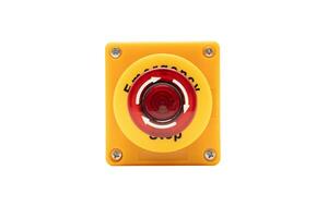 emergência Pare botão isolado em branco fundo com recorte caminho. emergência Pare botão. grande vermelho emergência botão ou Pare botão para manual pressionando. foto