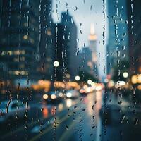 pingos de chuva em janela com borrado paisagem urbana dentro fundo foto