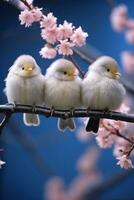 uma trio do pássaros empoleirado em uma ramo adornado com delicado Rosa flores kodak retrato 400 , ampla copyspace área, Fora do centro composição foto