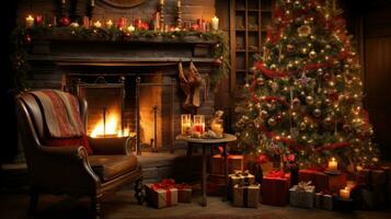 Natal cena Imagine uma caloroso e convidativo feriado configuração com uma belas decorado Natal árvore cercado de presentes, uma confortável balanço cadeira, e uma crepitação lareira. foto