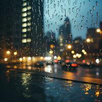 pingos de chuva em janela com borrado paisagem urbana dentro fundo foto