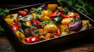 colorida assado legumes com caramelizado arestas e ervas foto