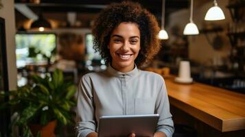 sorridente fêmea empreendedor segurando tábua dentro dela café foto