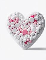 remédio pílulas dentro a forma do uma coração em uma branco fundo ilustração foto