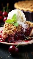 cereja torta com migalha cobertura estourando com suculento fruta foto