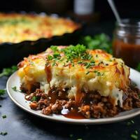 salgado pastor torta com amassado batatas e terra carne foto