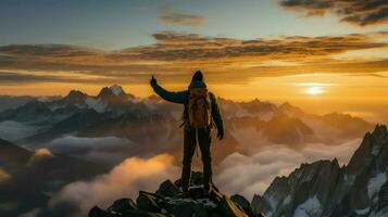 viajante olhando às a pôr do sol sobre a montanhas. foto