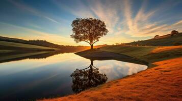 árvore em a banco do uma lago às nascer do sol foto