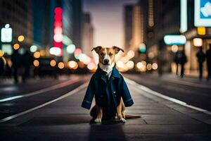 uma cachorro dentro uma terno em a rua às noite. gerado por IA foto