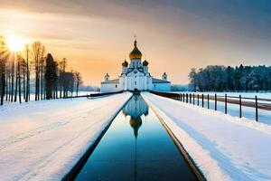 uma Igreja dentro a neve com uma refletindo piscina. gerado por IA foto
