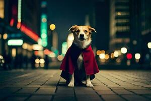 uma cachorro vestindo uma vermelho capa em uma cidade rua. gerado por IA foto